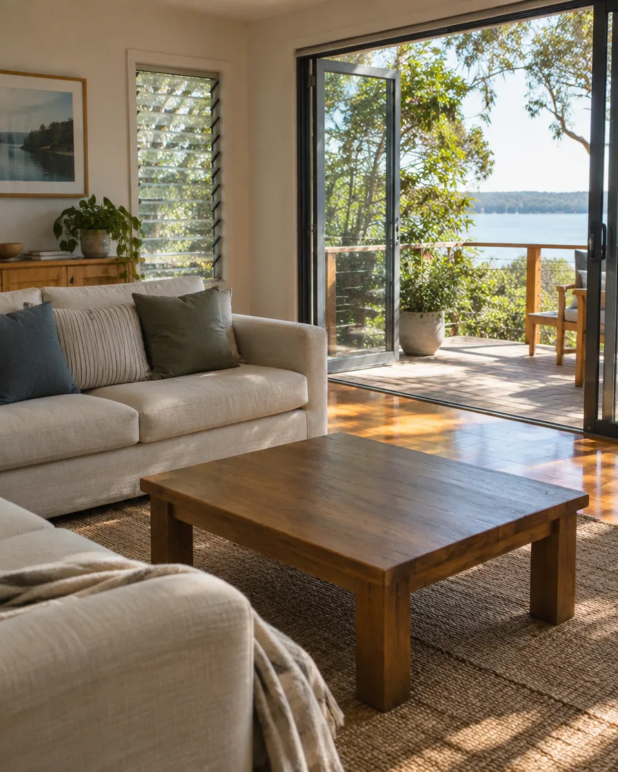 A bright, freshly cleaned living room with a linen sofa and an open door onto a leafy deck overlooking the lake.